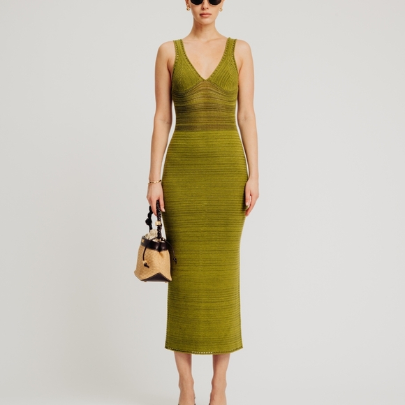 Ronny Kobo Collection Dresses & Skirts - Torn By Ronny Kobo Collection Olive Marl Ribbed V-Neck Midi Dress